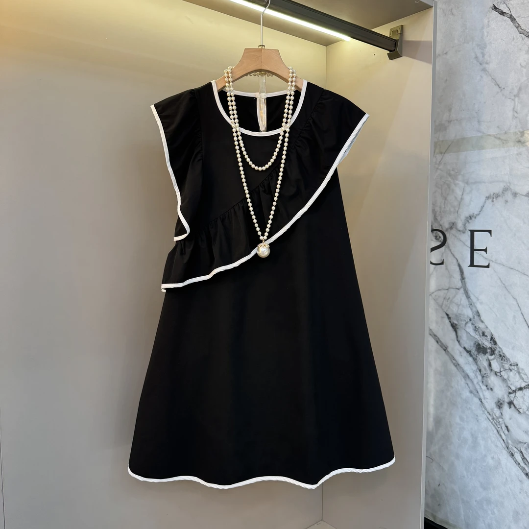 2025欧货法式不对称大荷叶飞飞袖包边撞色优雅减龄时髦连衣裙7201