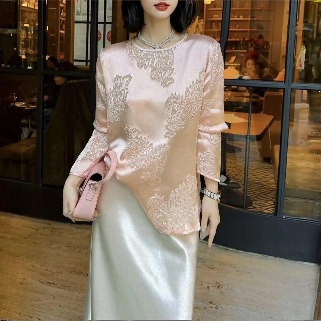 新中式气质优雅圆领桑蚕丝浮雕提花打底套头衬衫