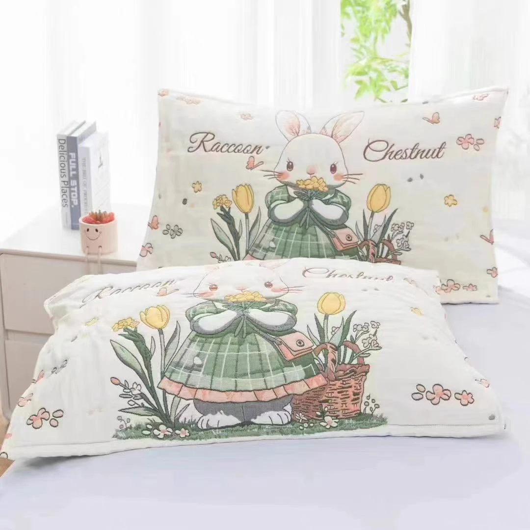 鲜花2025小兔52×78一对纱布夹棉家用吸汗透气简约枕头盖巾