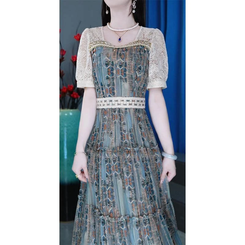 气质优雅2025夏季新款设计收腰长裙显瘦中长款减龄大码百搭连衣裙