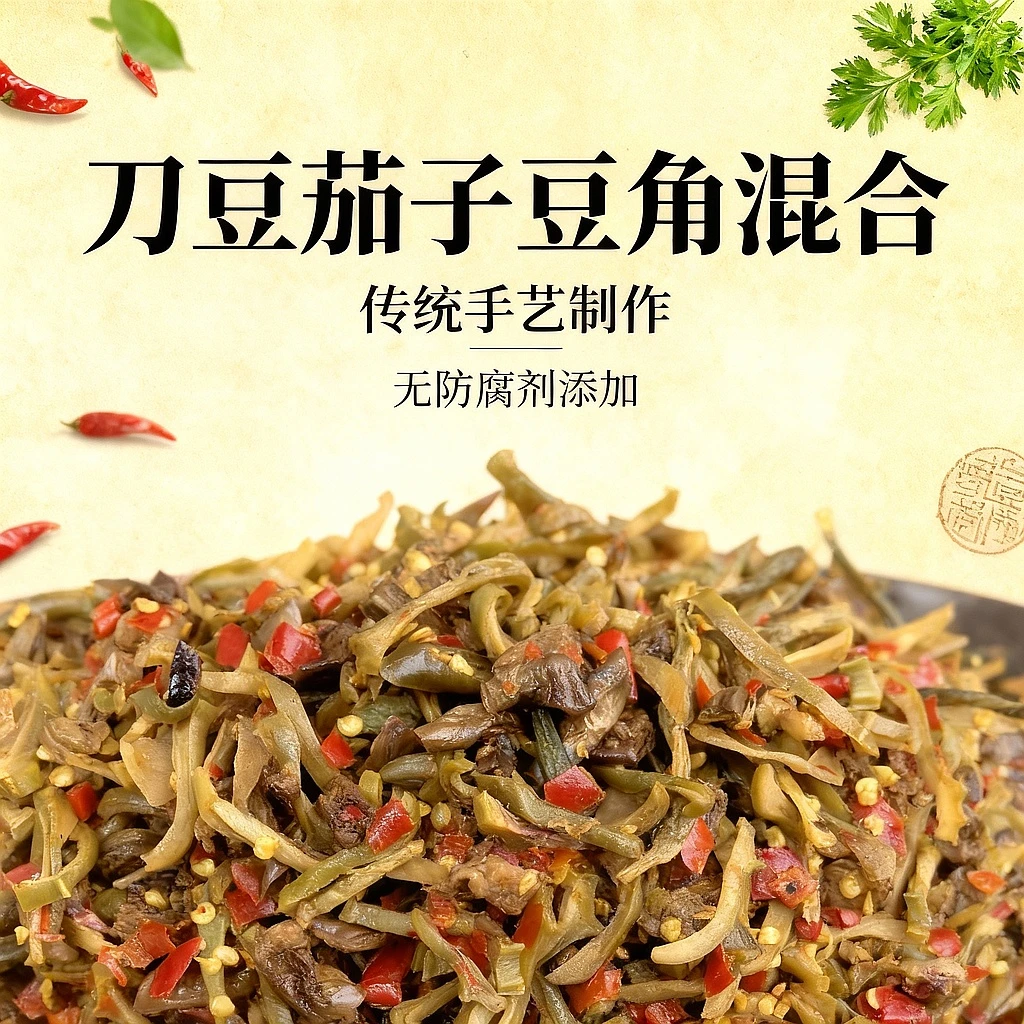 农家混合坛子扎菜。 刀豆茄子豆角扎菜