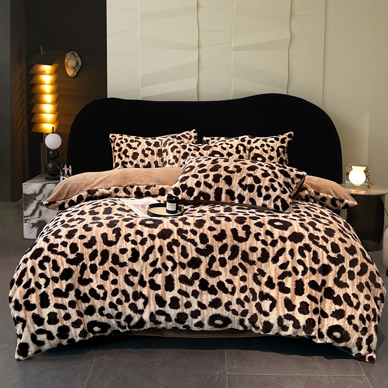 2025新款高克重加厚轻奢獭兔毛美拉德风四件套豹纹咖