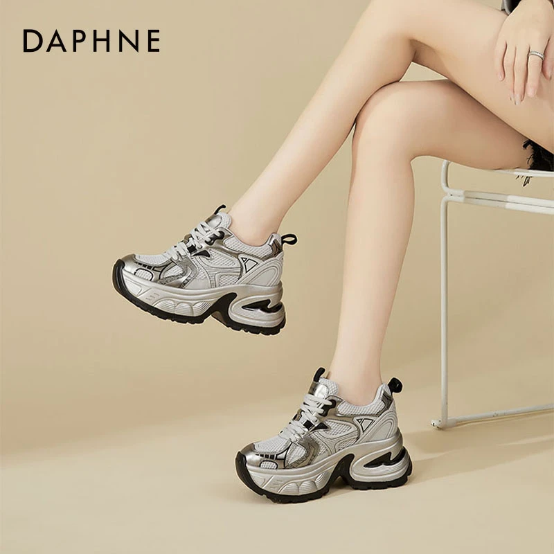 Daphne/达芙妮时尚透气网鞋女老爹鞋增高厚底小白鞋休闲运动鞋