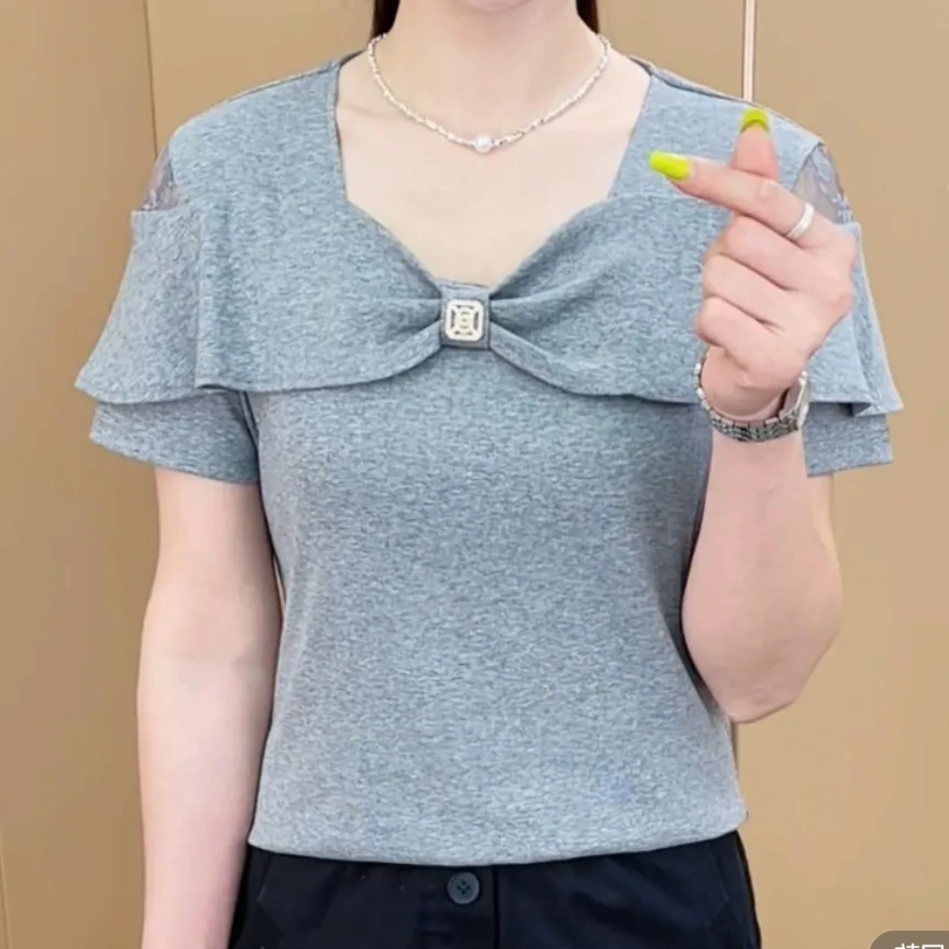 2025夏季新款时尚蝴蝶结蕾丝露肩设计T恤休闲百搭气质短袖上衣