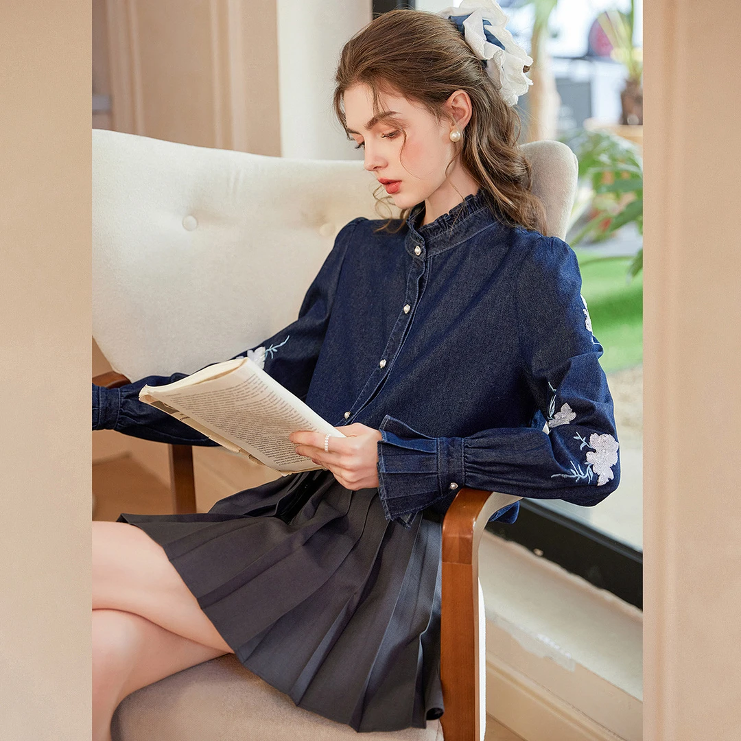 白鹿语欧若智性风新休闲百搭衬衣牛仔衬衫BY20202