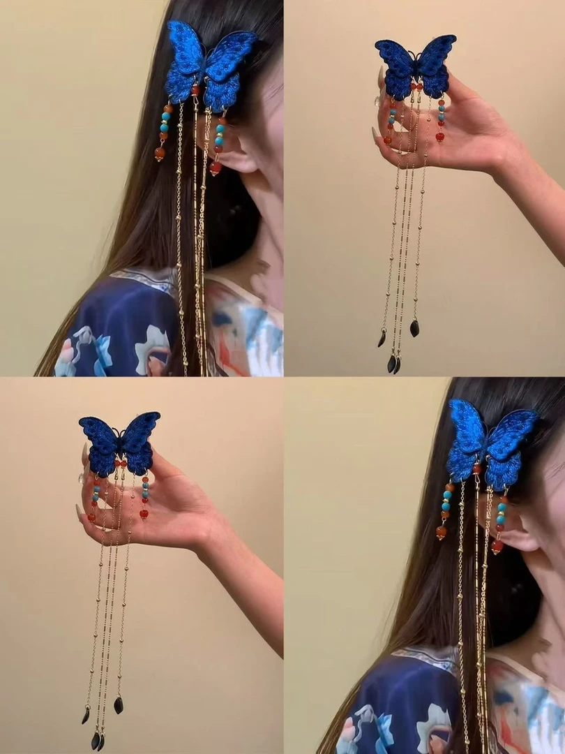 蓝蝶衔韵新中式蓝色蝴蝶流苏发夹女侧边夹氛围感发饰