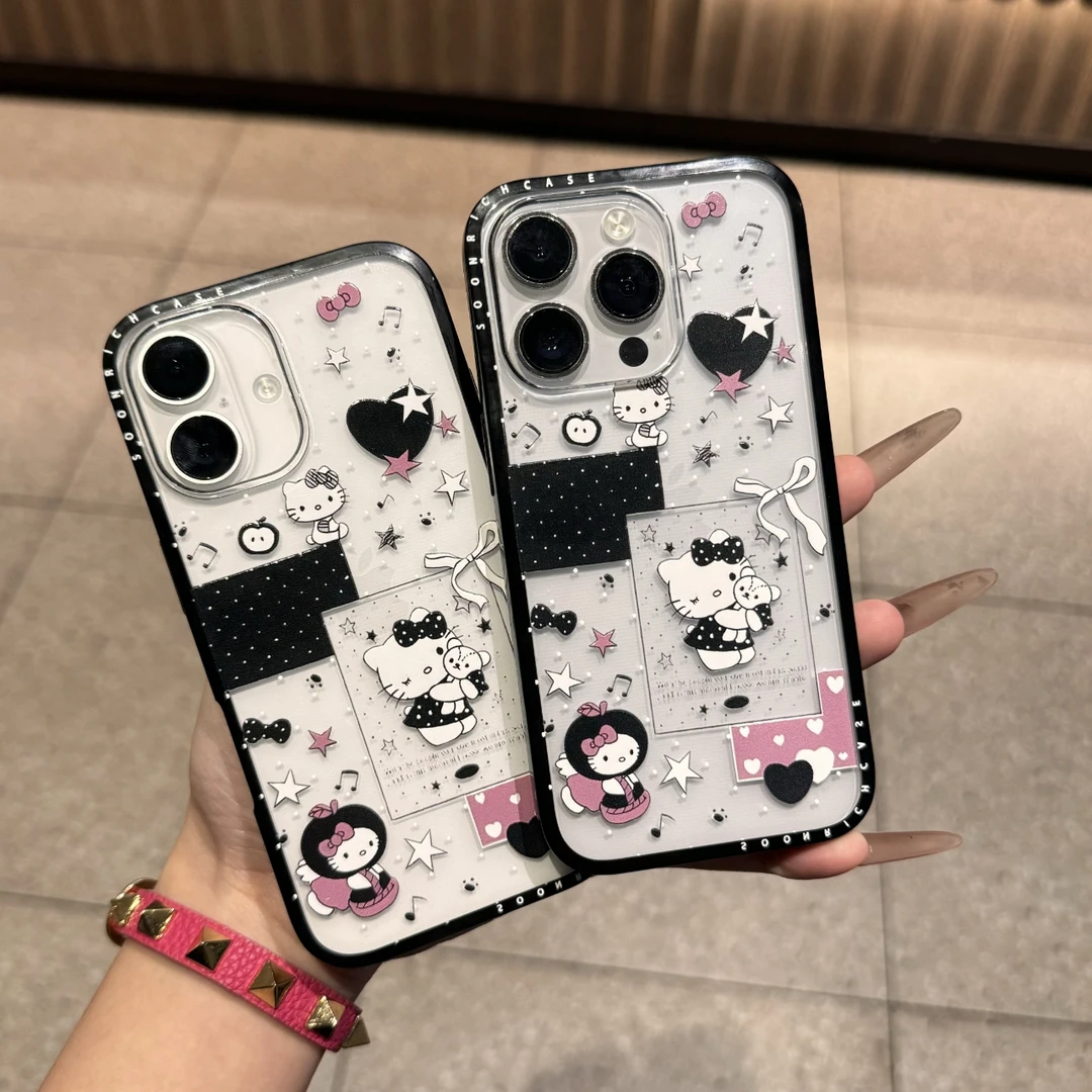 暗黑苹果凯蒂猫四方壳适用于苹果iPhone16/15/14/13promax手机壳