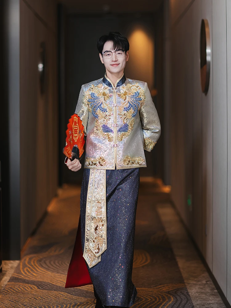 男士秀禾服新郎2025新款中式结婚服接亲敬酒服大码珠绣龙凤褂唐装