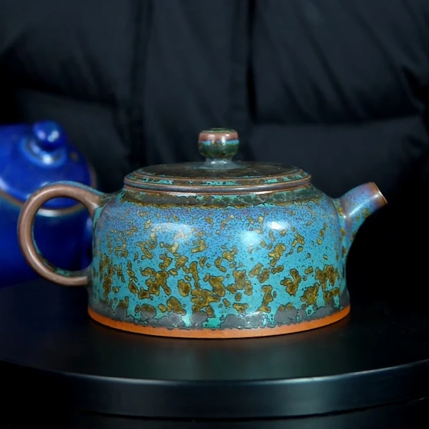 禹州神垕钧瓷窑变铜系青蓝金斑手工中式复古送人礼盒装茶壶平安壶