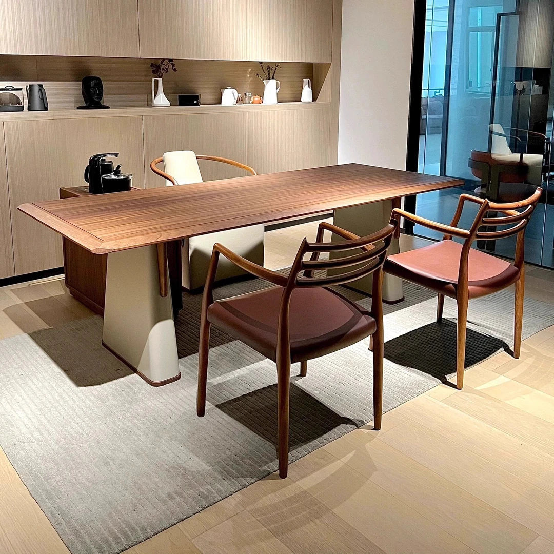 新中式北美黑胡桃茶桌椅组合实木大板一体泡茶会客洽谈办公桌茶台