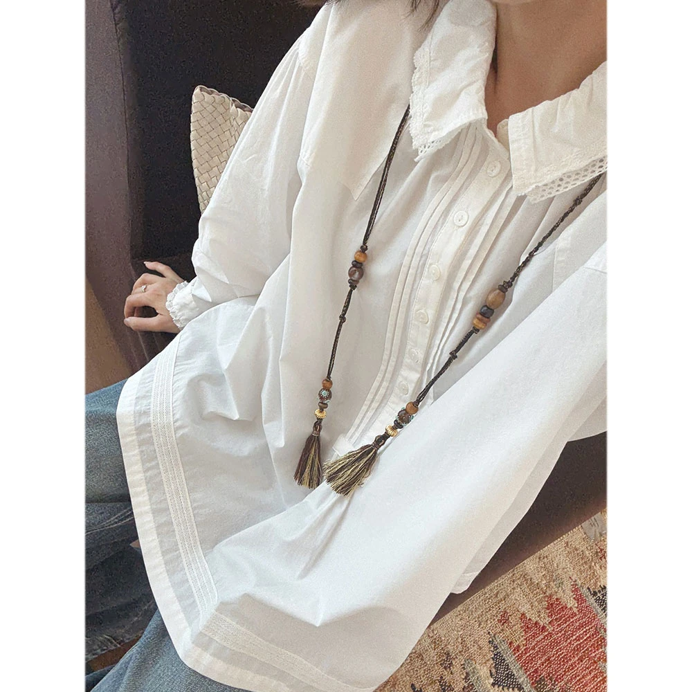 【唐悠悠mgdm】镂空拼接甜美褶皱双层领花边白色长袖衬衫女舒适棉