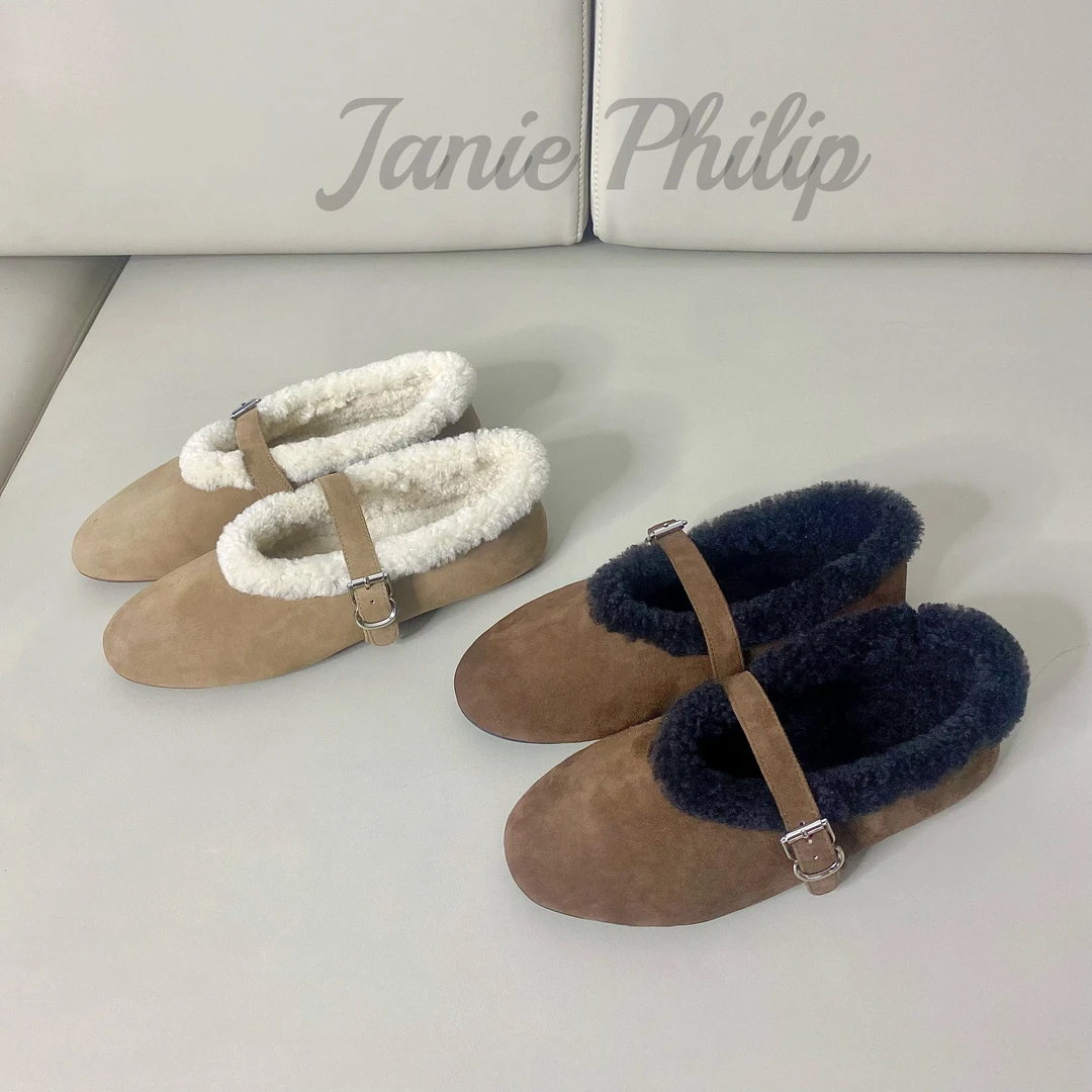 Janie philip 秋冬款 平底 真皮 浅口 加厚保暖女款毛毛玛丽珍