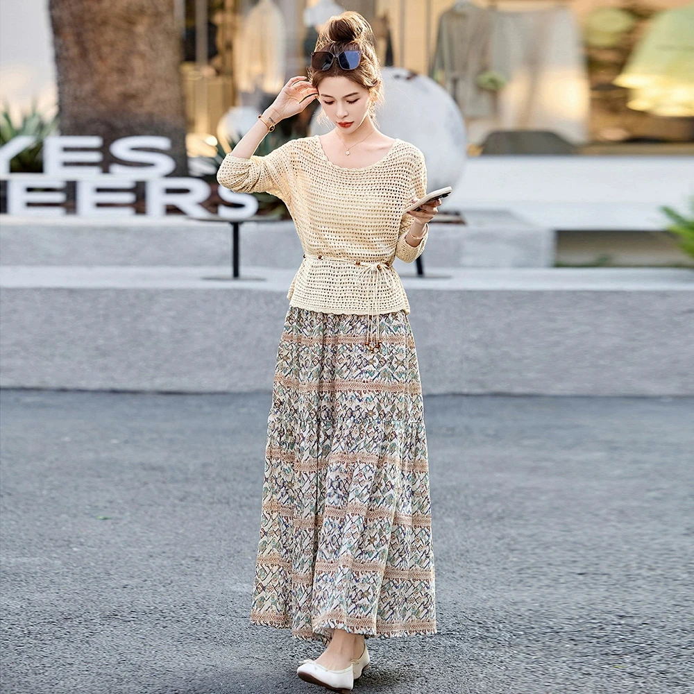 韩系时尚气质碎花套装裙女2025春夏新款针织镂空上衣半身裙两件套