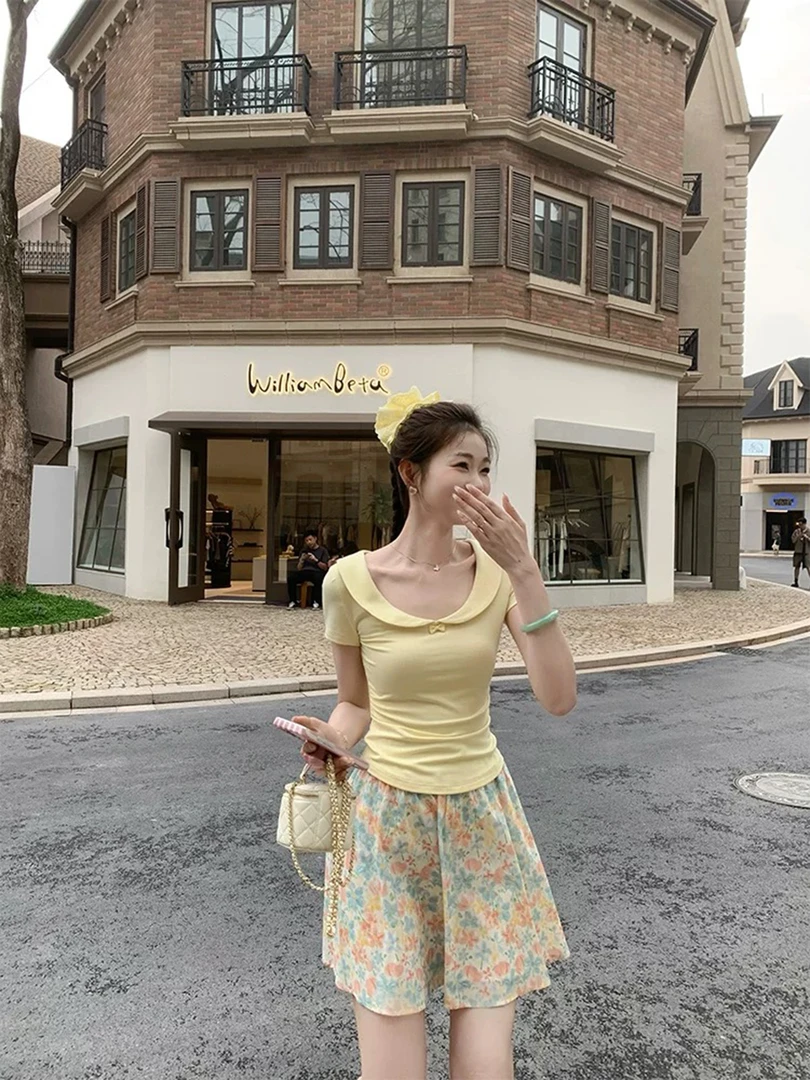 【现货】胖mm夏季蝴蝶结洋气短袖温柔优雅气质收腰显瘦休闲T恤05024