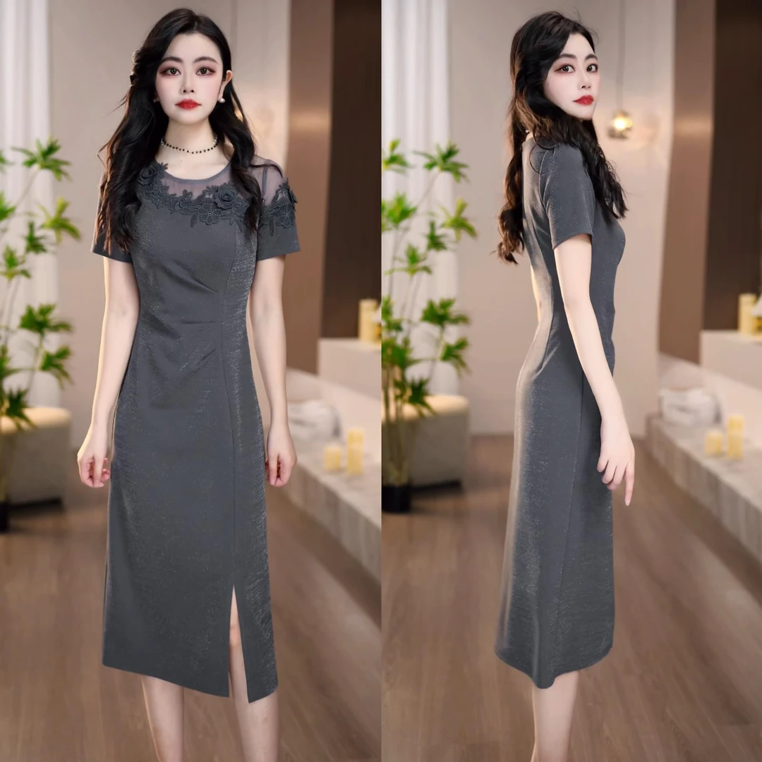 2025夏季新款灰色浮雕花艺斜肩领时髦显瘦小众设计连衣裙M-4XL