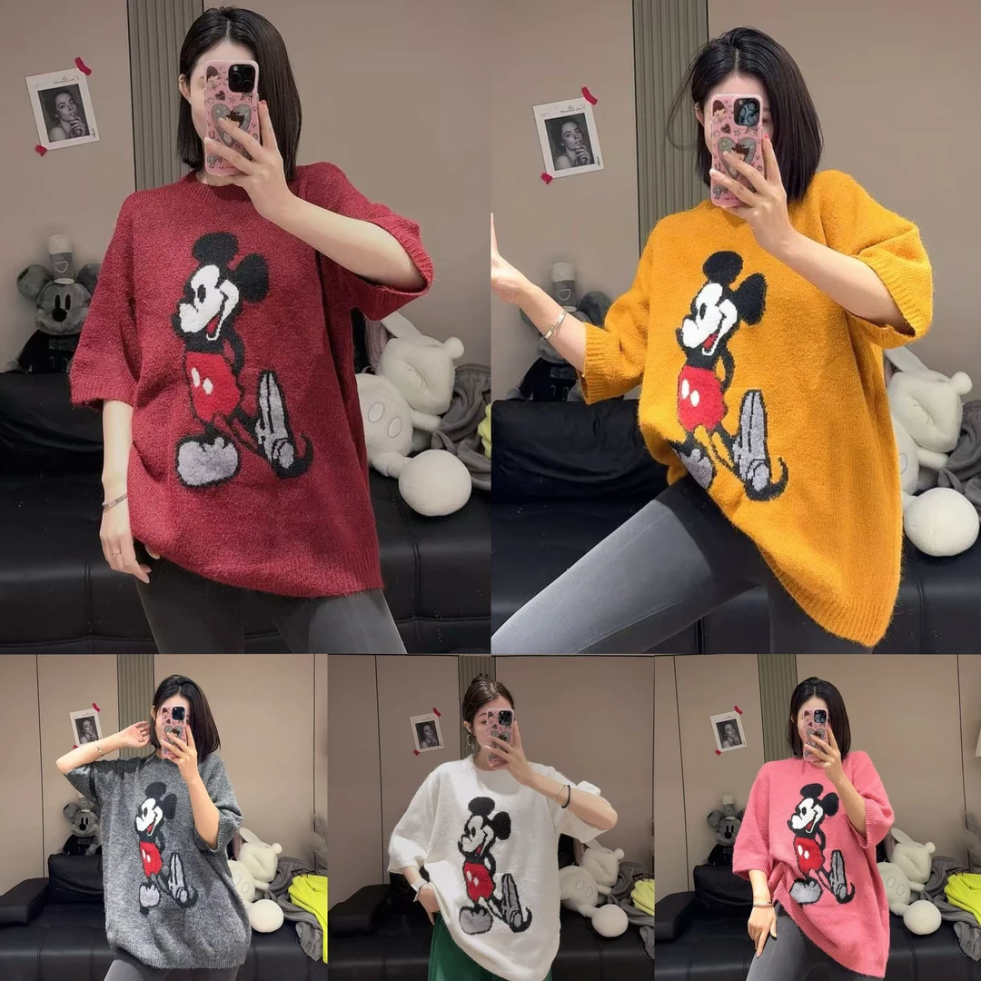 （老三）韩版慵懒风百搭卡通米奇印花圆领宽松加厚套头毛衣上衣短袖