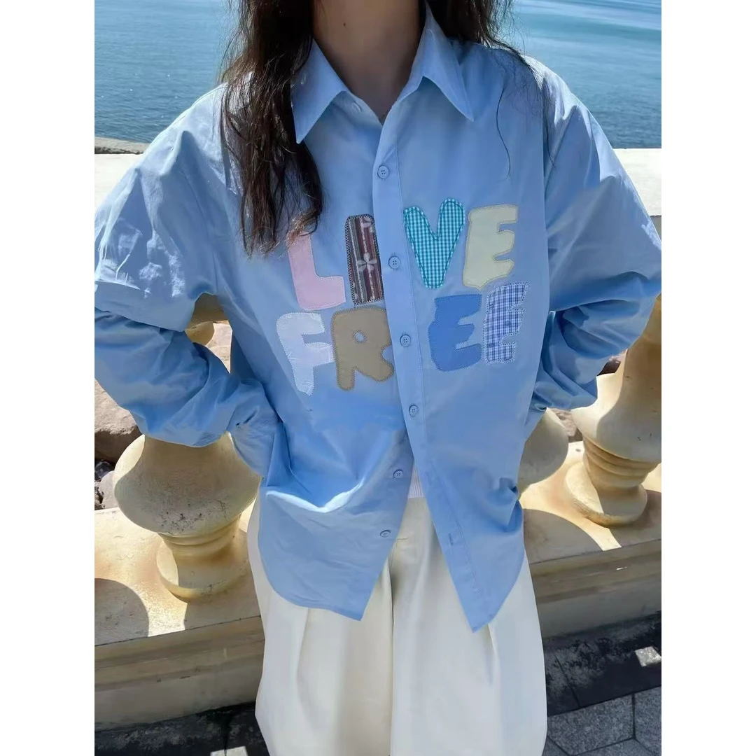 新款气质休闲韩版简约翻领字母长袖衬衫C2580