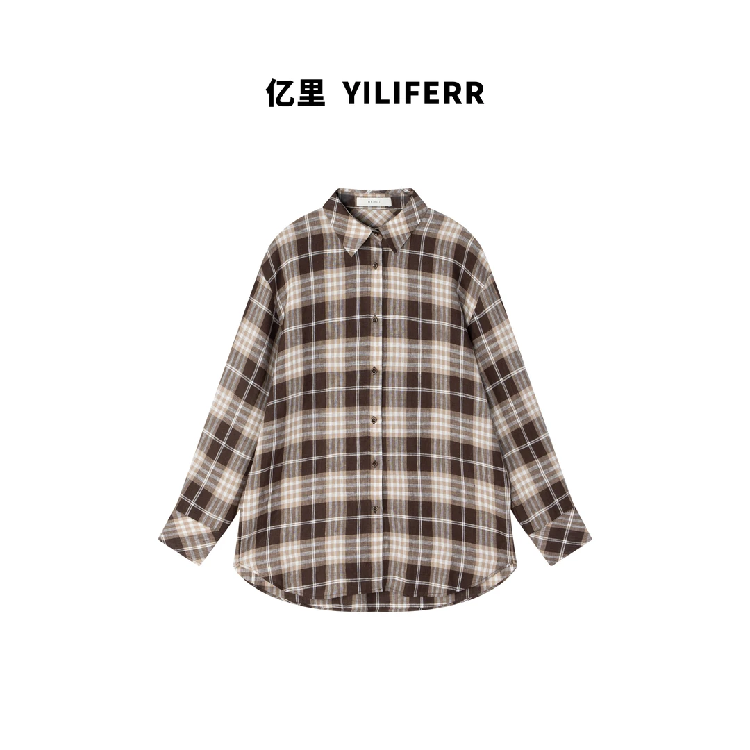 【YILI显瘦女装】港风100%亚麻polo领撞色格子衬衫 Y0858
