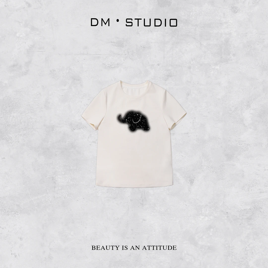 -DM•STUDIO/气质减龄休闲串珠亮片小象圆领短袖T恤上衣（9316）