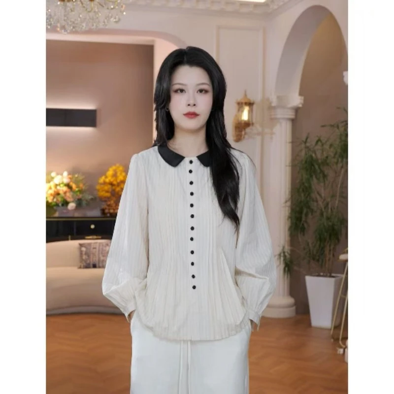 CYM3522娃娃领减龄衬衫女长袖2025早秋新款日系复古宽松显瘦上衣