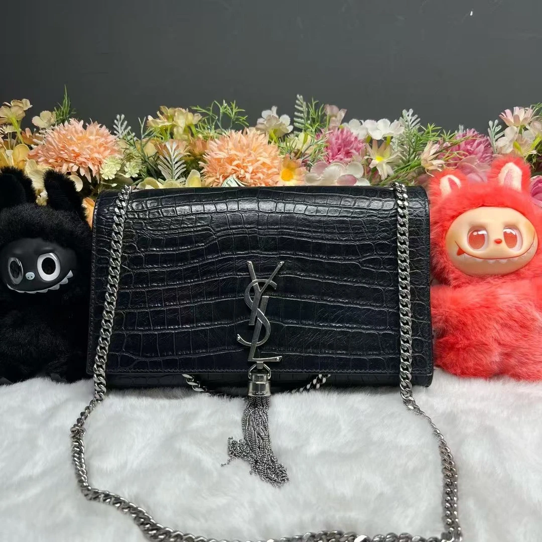 95新 YSL/圣罗兰  黑银牛皮鳄鱼压纹信封包-80113