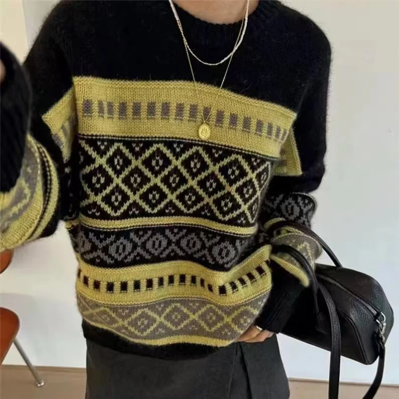 「黑金」提花秋冬套头毛衣长袖条纹圆领时尚女士加厚针织衫-9614