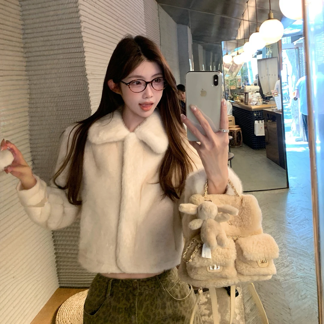 雪顶摩卡短款仿水貂毛翻领保暖外套冬季女新款韩版加厚环保皮草