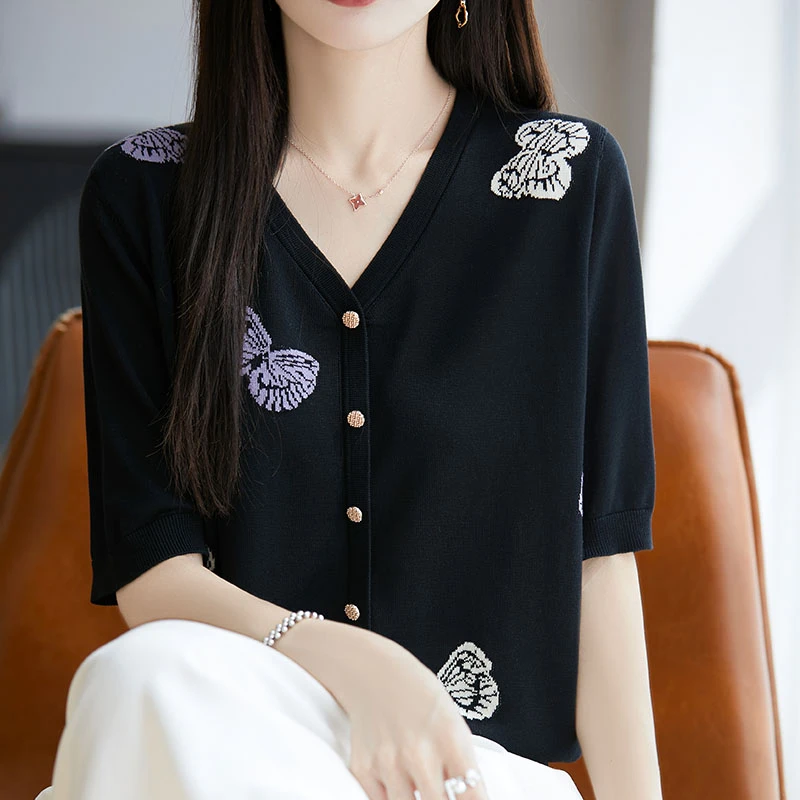 哥弟阿玛施正品夏季新款小香风V领提花针织开衫女士时尚百搭显瘦