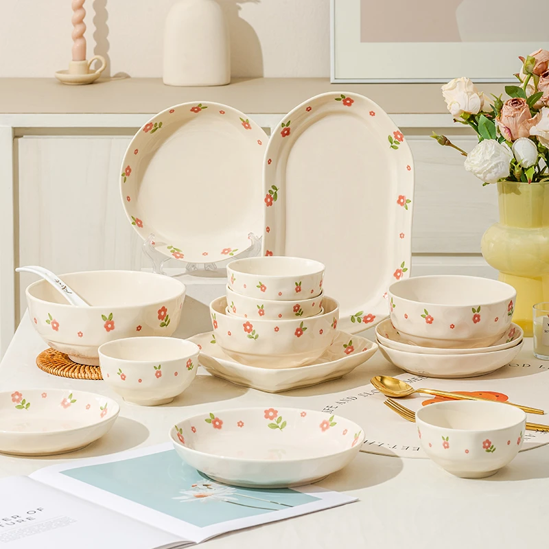 绯红之花14件套餐具套装陶瓷餐碗餐盘鱼盘家用日式菜盘碗碟盘