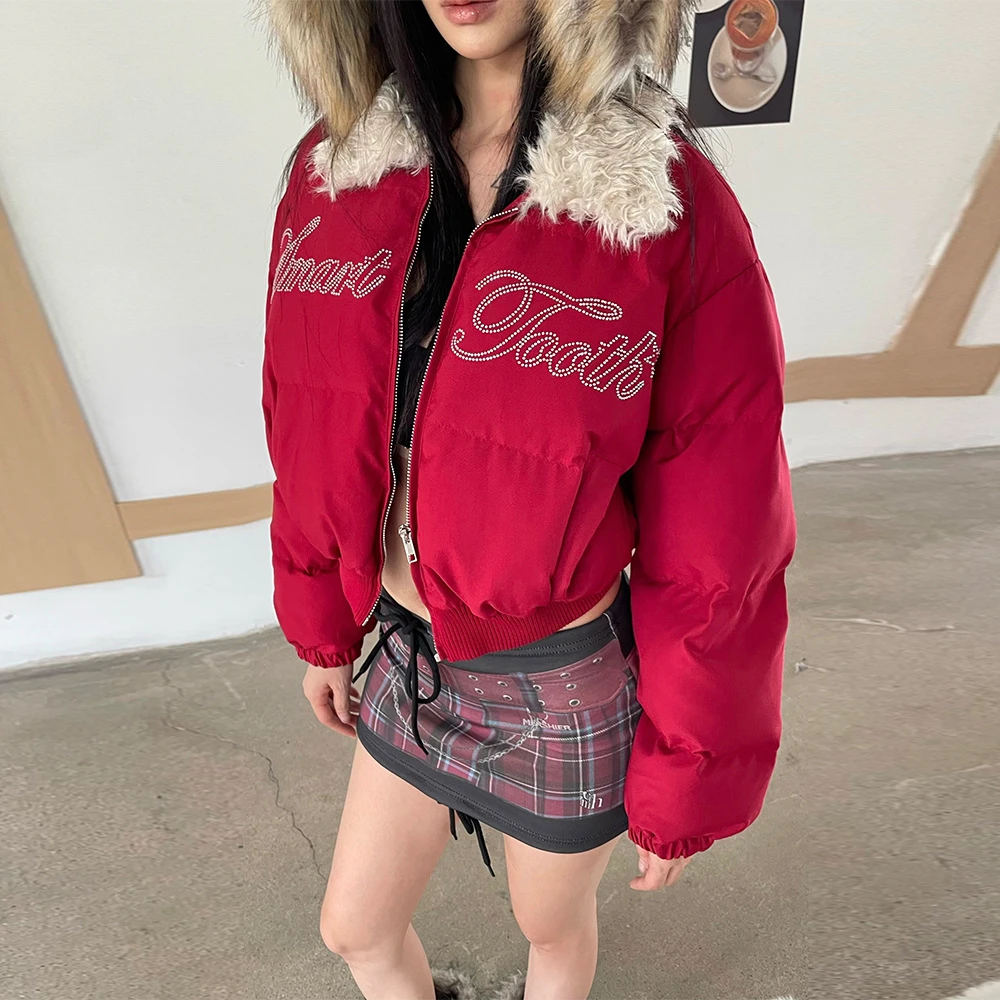 辣到中暑秋冬美式辣妹羊羔毛领拼接棉服短款宽松保暖面包服外套