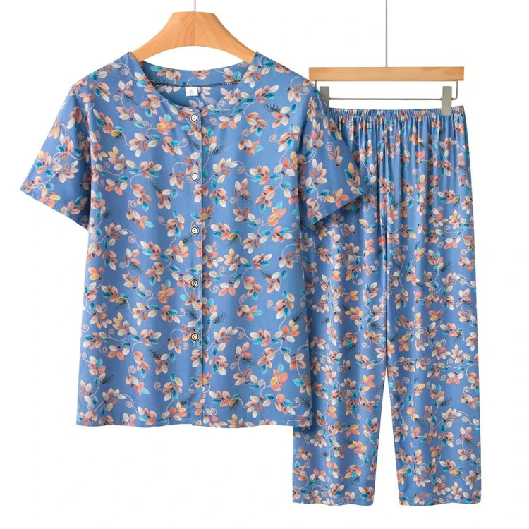 中老年女夏装棉绸套装奶奶短袖两件套衬衣老年妈妈衣服人造棉套装