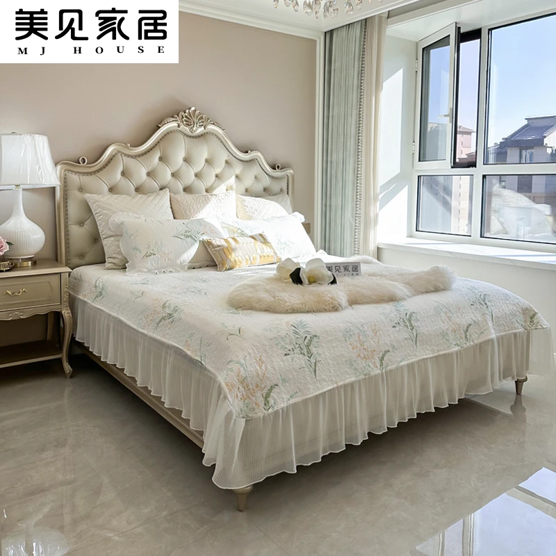 美见家居美式法式轻奢实木真皮雕刻雅颂床小法实木雕刻牛皮拉扣床