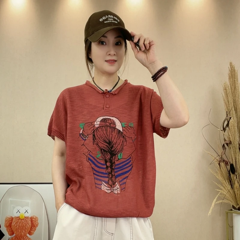 115#休闲百搭夏季宽松时尚印花POLO针织衫