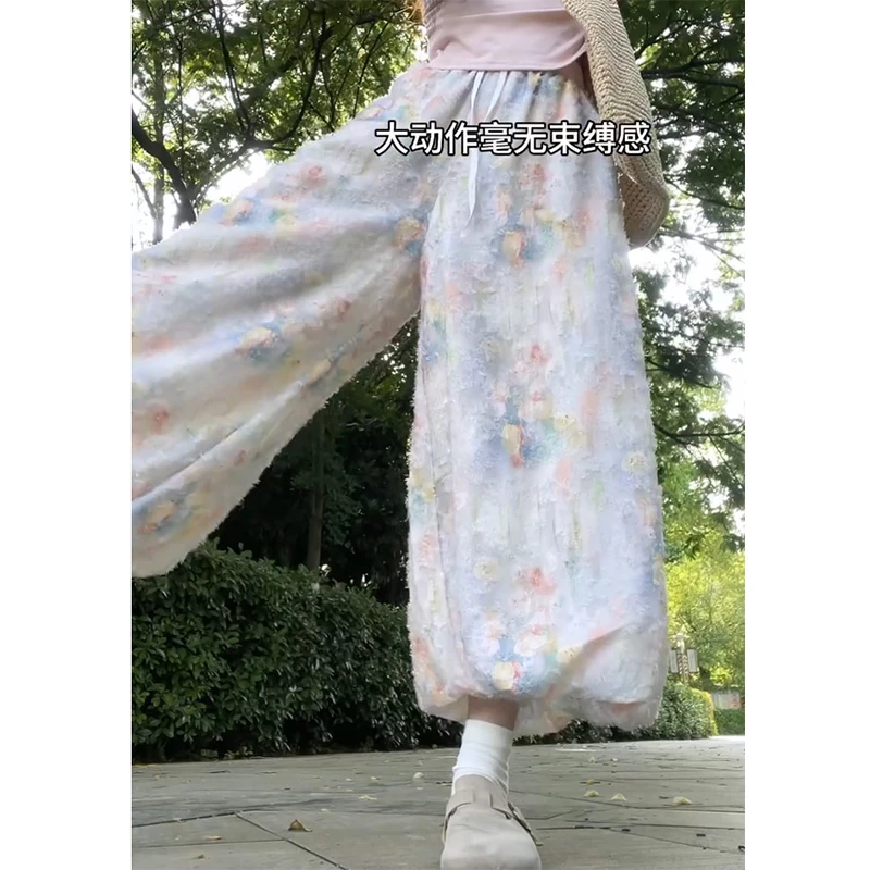 女夏薄款碎花蕾丝花苞裙裤粉色小众灯笼裤法式莫奈花园休闲阔腿裤