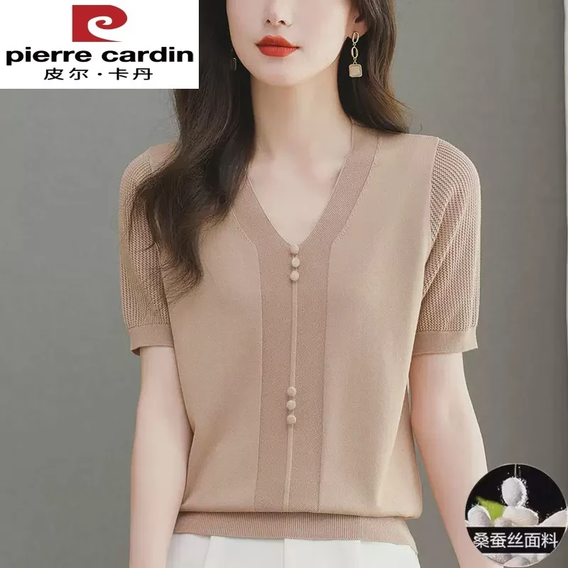桑蚕丝短袖t恤女2025新款爆款夏季妈妈V领遮肚上衣薄款冰丝针织衫
