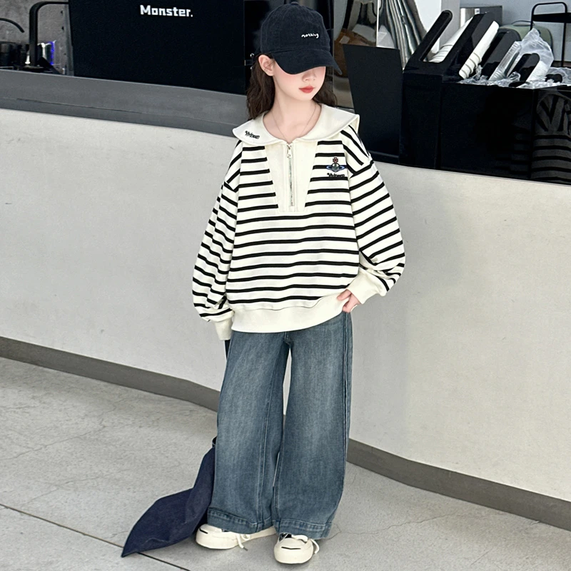 女童秋季套装2025新款中大童百搭条纹翻领卫衣牛仔阔腿长裤两件套