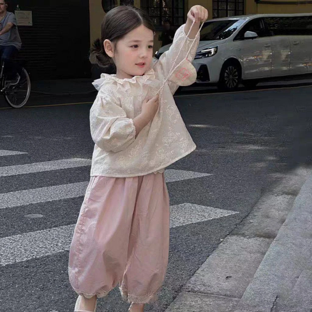 韩国童装女童衬衫春季小女孩复古绣花荷叶领上衣儿童蕾丝花边裤子