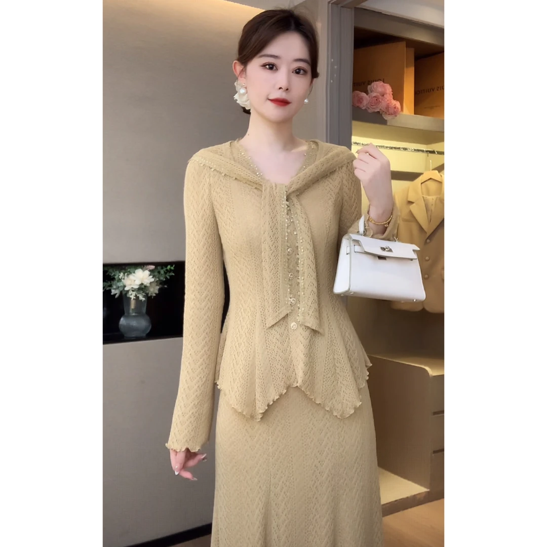 【嘉嘉JIANG】优雅人生 时尚镂空针织衫/贵气感套装 XJ253A3055