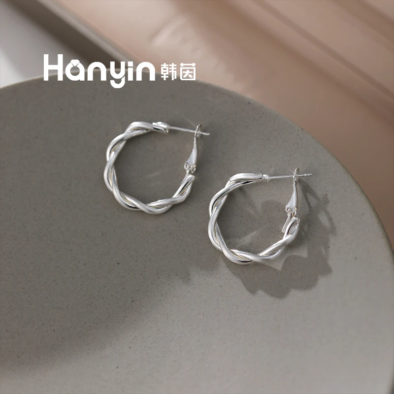 铜合金耳饰 925银针原创设计高级简约气质百搭麻花耳圈