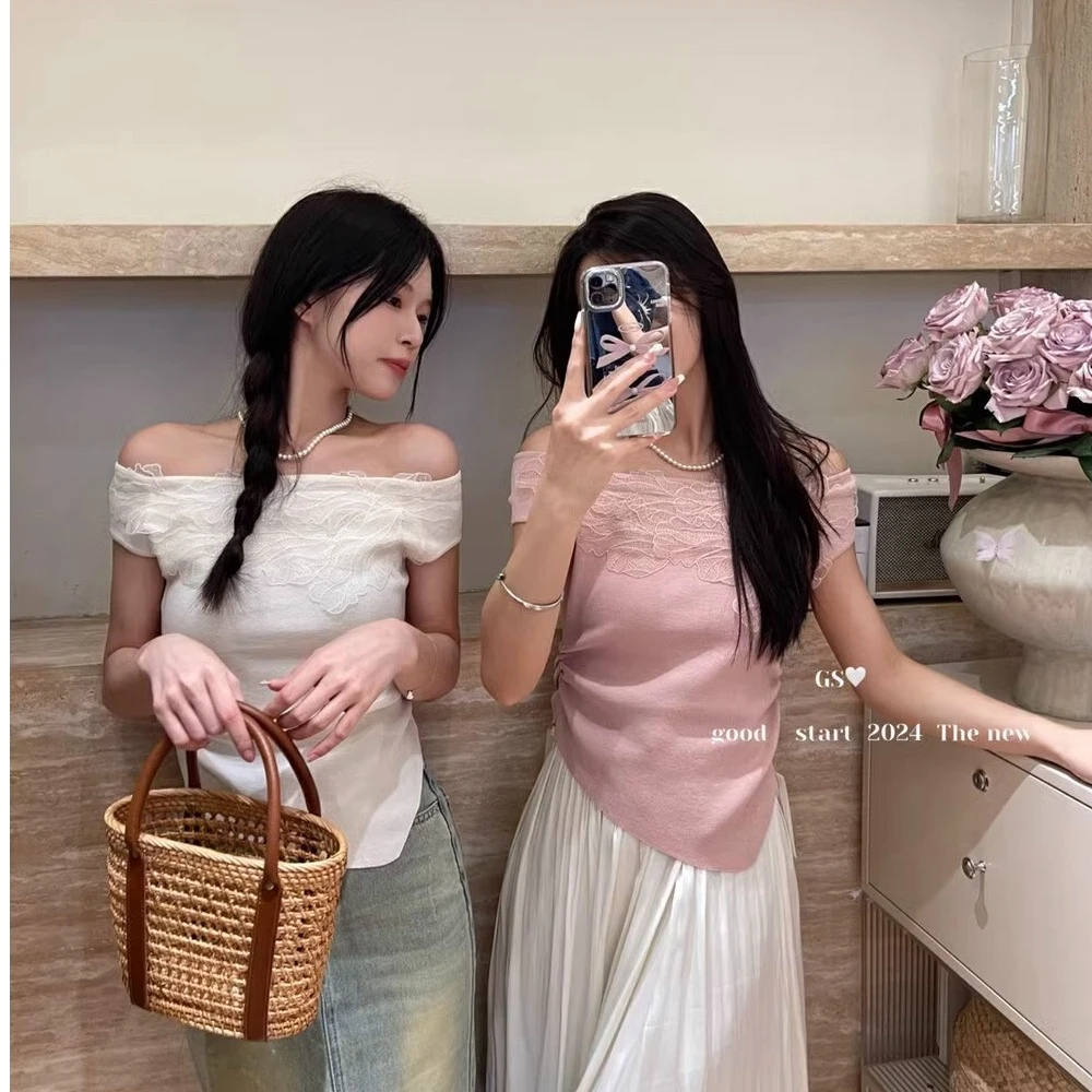 蕾丝花边一字肩显锁骨短袖t恤女夏季四季青不规则短款超好看上衣