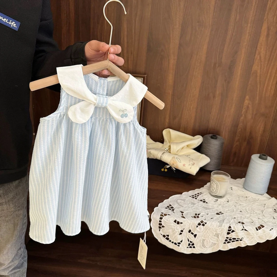 女宝宝高级透气棉无袖连衣裙女婴儿夏季女童小清新蓝色条纹背心裙