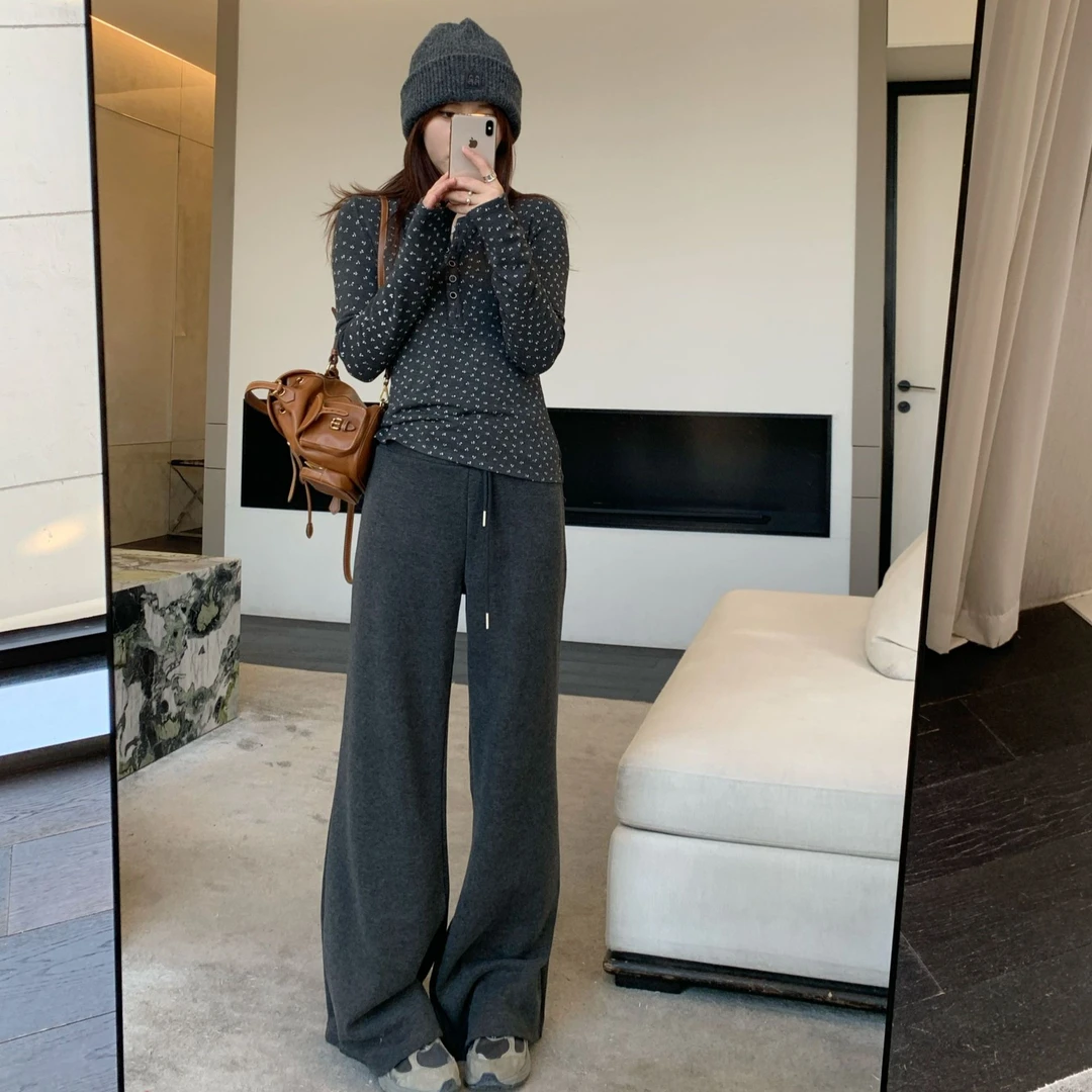 Berry 喜你而欢大庞定制 高腰显瘦松弛加绒休闲裤宽松微喇阔腿裤