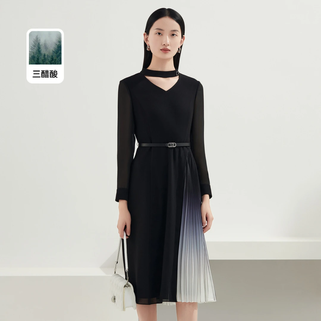 娜尔思春夏赫本风镂空设计渐变长袖百褶裙LF05879W0