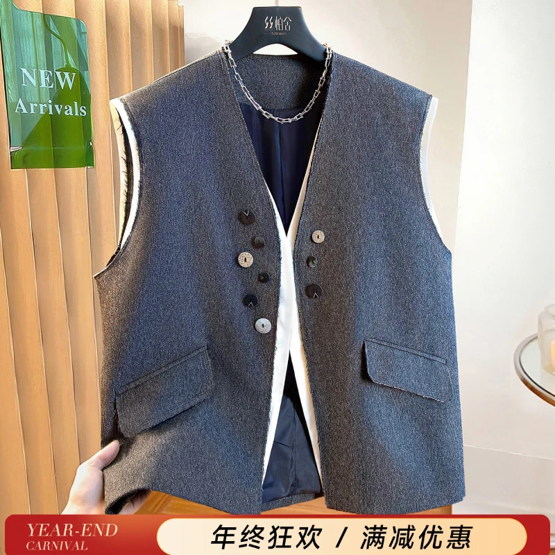 丝柏舍2025冬装新款女装通勤撞色拼接V领马甲假两件马夹S53B3854J