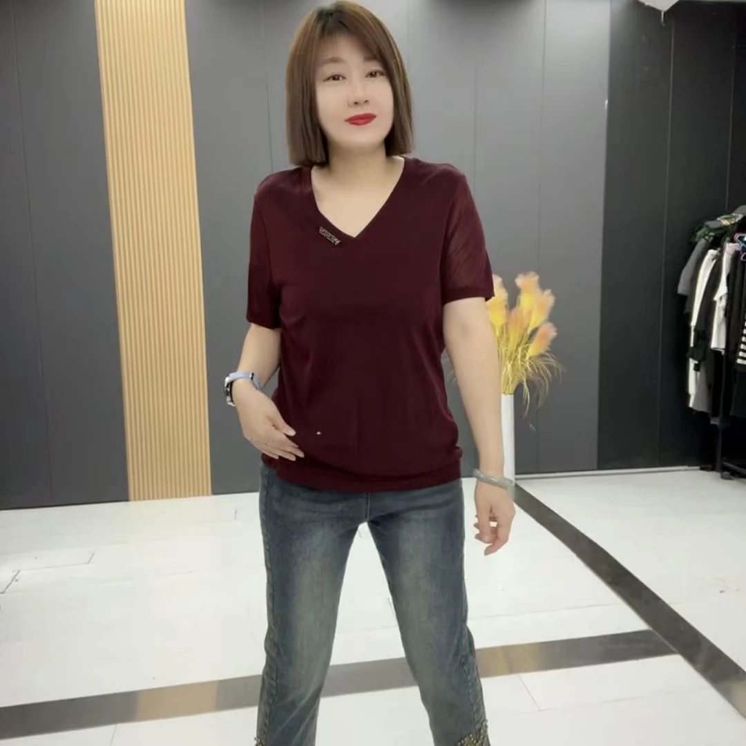 3055+大码女装春季新款V领纯色洋气显瘦百搭半袖衫