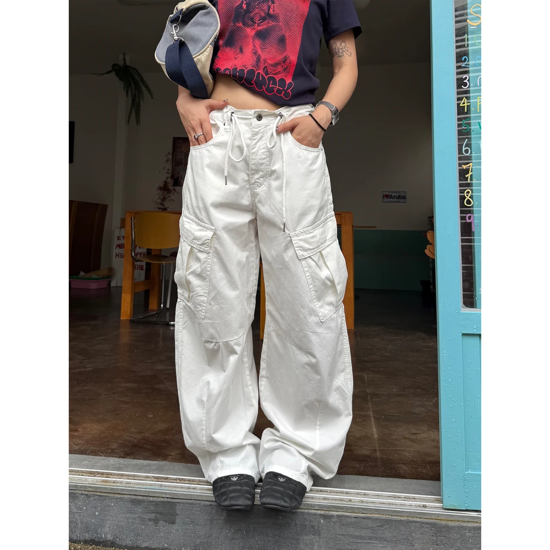 川川也家美式复古薄款工装裤休闲裤男女宽松街头白色裤子夏季