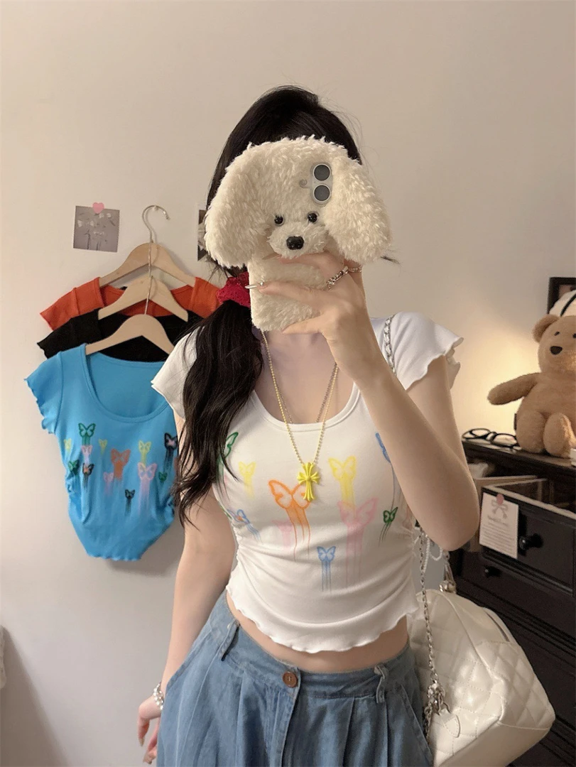 多巴胺黄色蝴蝶印花正肩短袖t恤女夏季新款修身短款绝美小众上衣