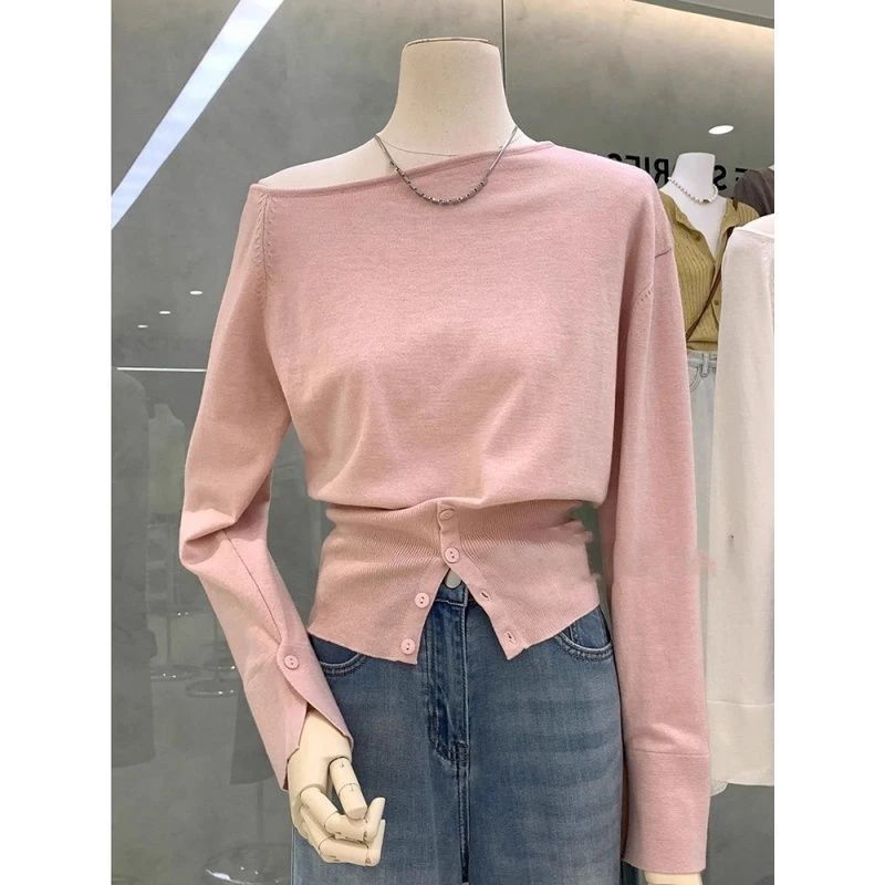 一字领斜肩长袖针织衫女春秋不规则设计感毛衣内搭打底衫露肩上衣