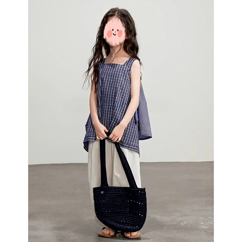 女童夏季吊带套装儿童潮范洋气无袖假两件格子衫大女童夏季假两件