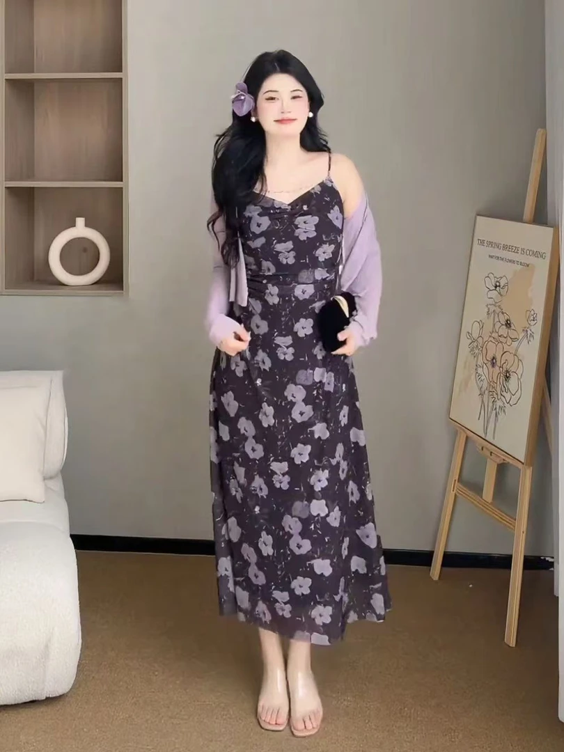 法式温柔风显瘦遮肉气质吊带连衣裙外带防晒开衫套装